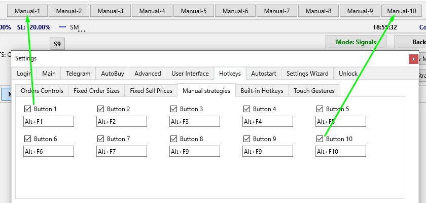 Moonbot Terminal: Settings tab – Hotkeys: Manual Strategies: Buttons